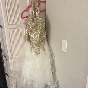 Elegant Gold and White Halter Prom Dress